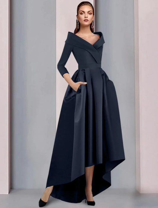 A-Line Mother of the Bride Dress Wedding Guest Elegant High Low Sweet Spaghetti Strap Asymmetrical Tea Length Satin 3/4 Length Sleeve with Pleats