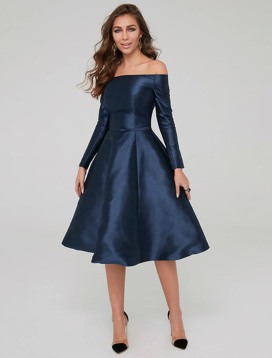 A-Line Special Occasion Dresses Elegant Dress Wedding Guest Cocktail Party Knee Length Long Sleeve Off Shoulder Satin with Pleats