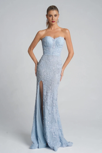 Strapless Lace Sequin High Slit Mermaid Prom Dress