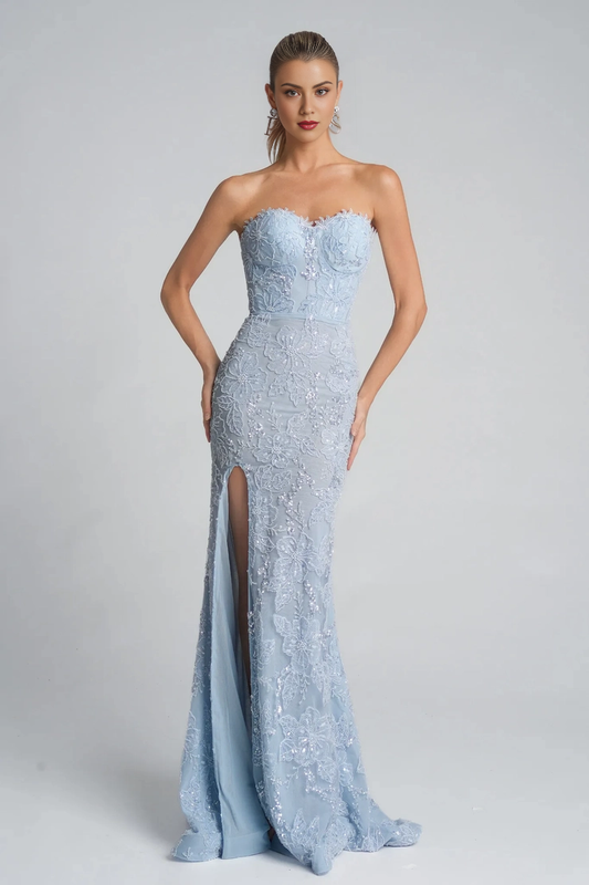 Strapless Lace Sequin High Slit Mermaid Prom Dress