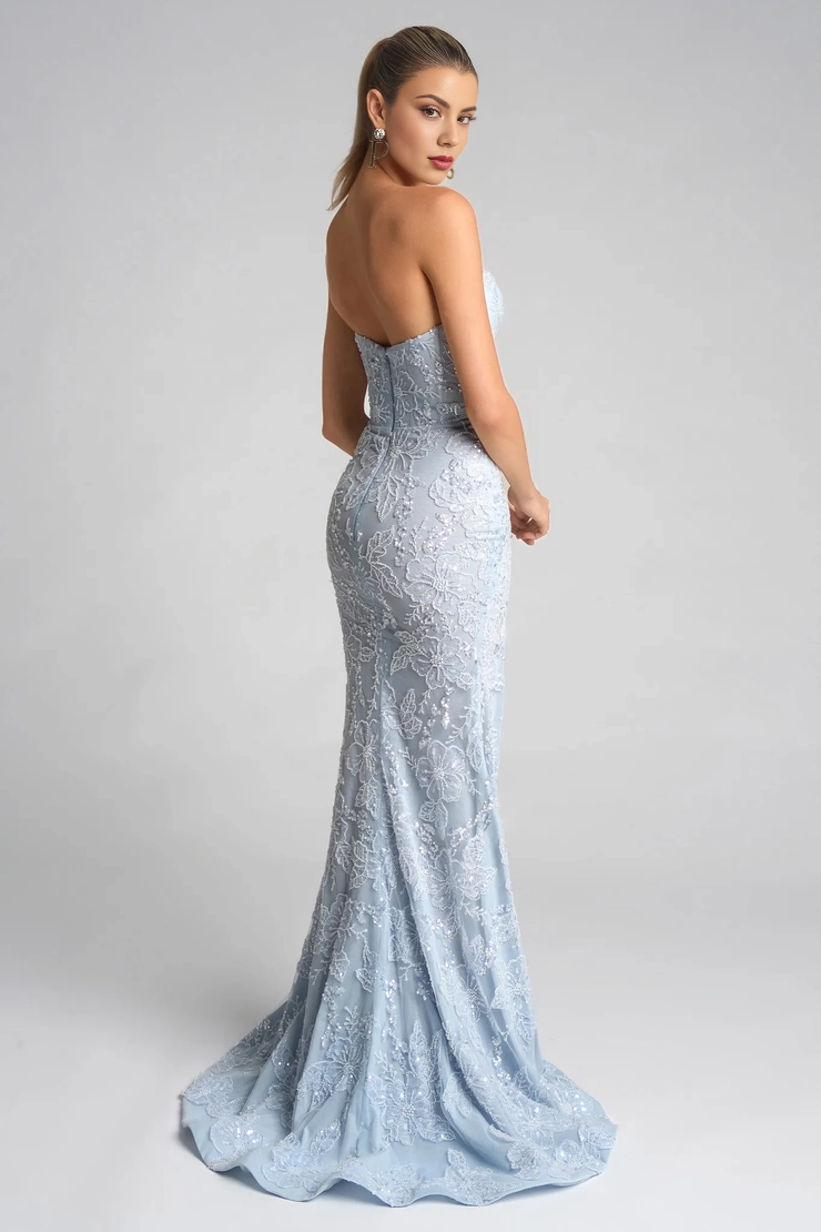 Strapless Lace Sequin High Slit Mermaid Prom Dress