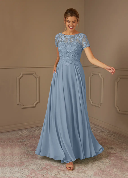 Dusty blue Lace Chiffon Short Sleeve Mother of the Bride Dresses