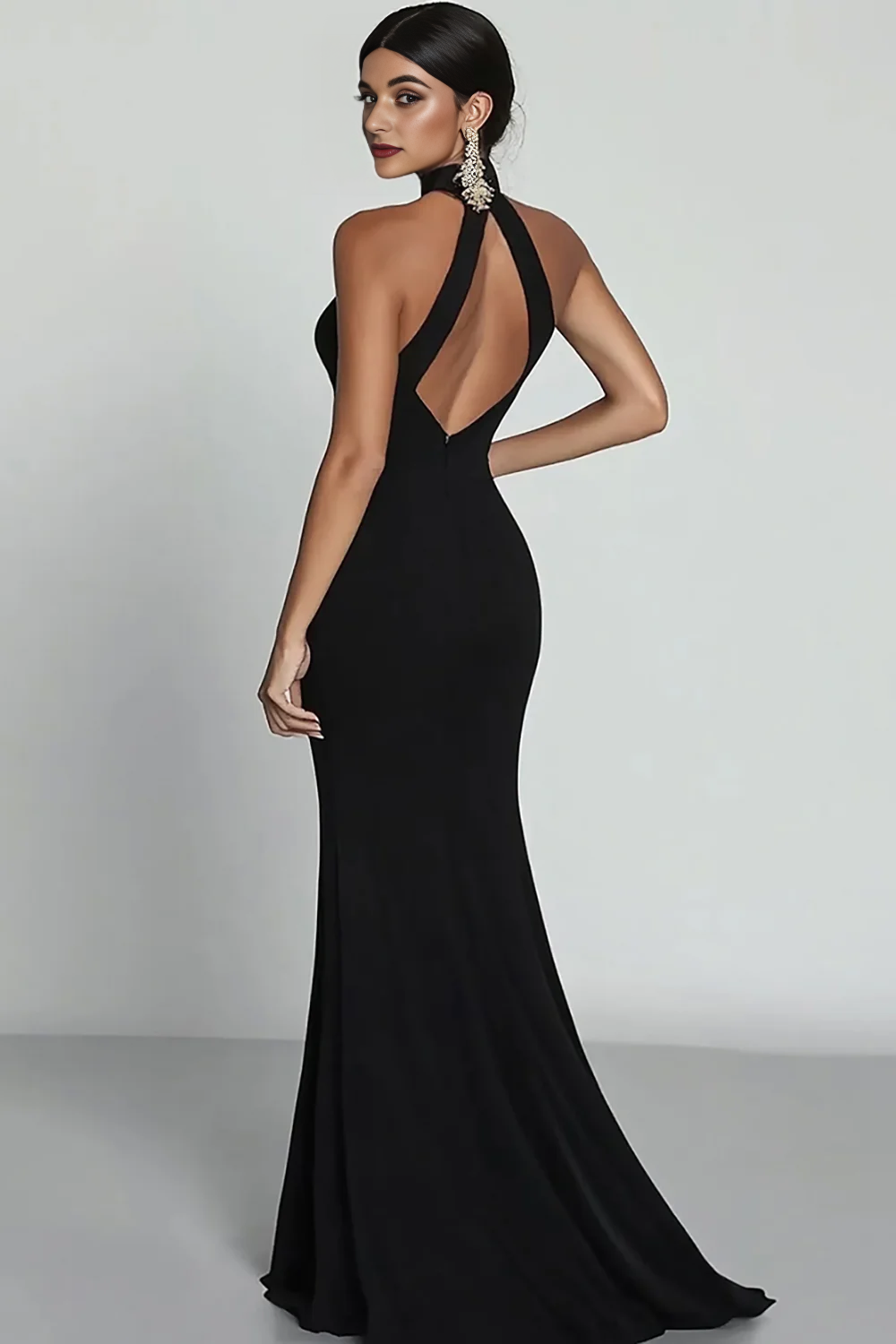 Black Satin Mermaid Halter Neck Keyhole Long Formal Dress