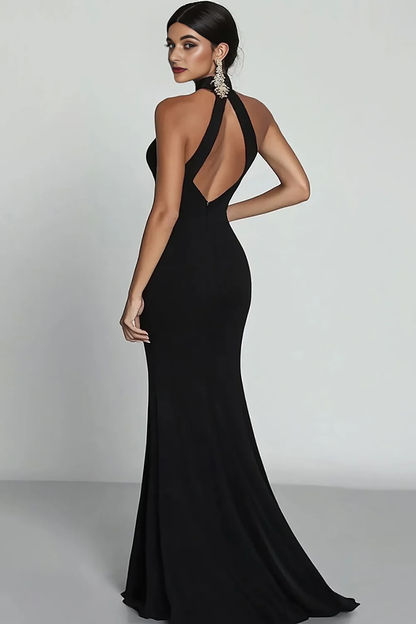 Black Satin Mermaid Halter Neck Keyhole Long Formal Dress