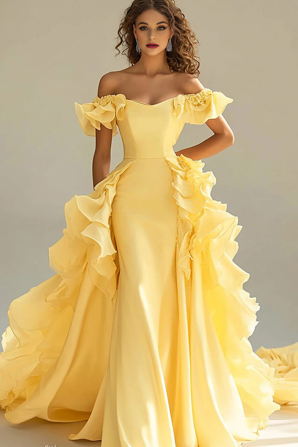 Yellow Satin Long Off the Shoulder Prom Dress with Ruffles