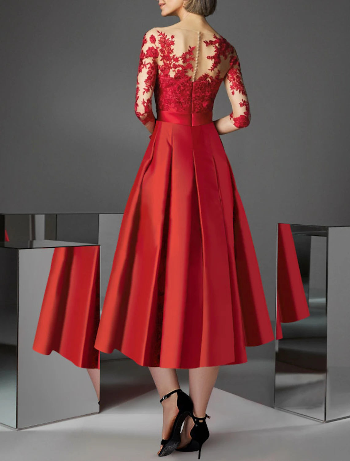 A-Line Cocktail Dresses Elegant Dress Kentucky Derby Tea Length 3/4 Length Sleeve Off Shoulder Fall Wedding Guest Satin with Pleats Appliques Christmas Dress