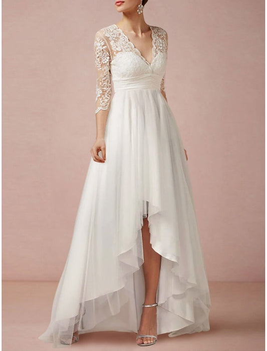 Mature Wedding Dresses Sheath V Neck 3/4 Length Sleeve Asymmetrical Chiffon Bridal Gowns With Pleats Ruched