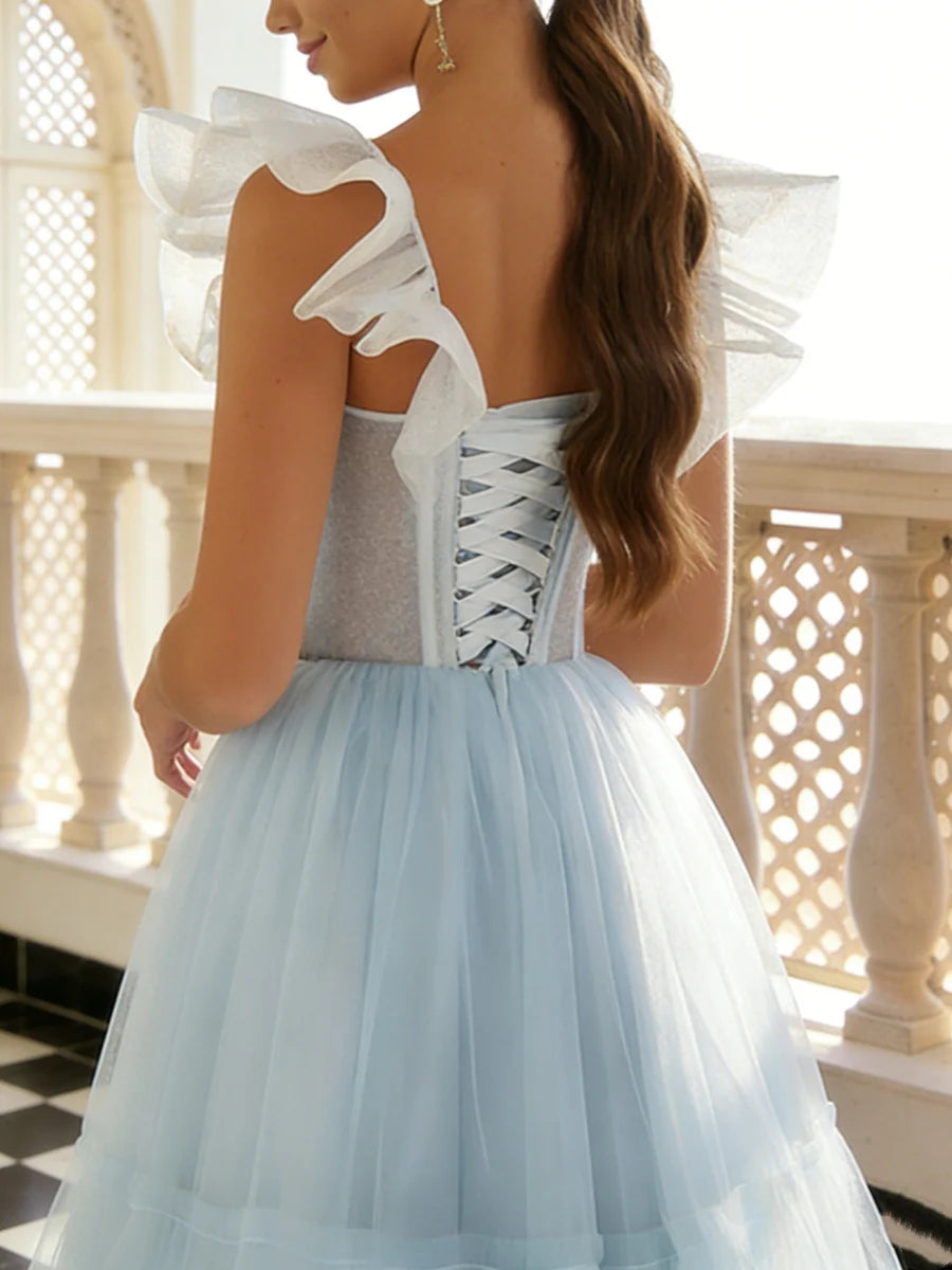 A-Line/Princess Sweetheart Tulle Prom Dresses Ruffle Sleeves Ankle-Length Formal Dresses