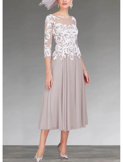 A-Line Mother of the Bride Dress Elegant Jewel Neck Asymmetrical Ankle Length Chiffon Lace 3/4 Length Sleeve with Appliques