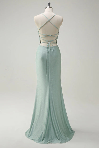 Sage Mermaid Spaghetti Straps Ruched Long Prom Dress with Lace Up Back