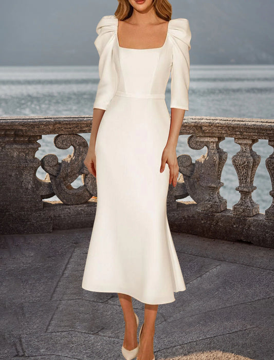 Bridal Shower Vintage Little White Dresses Wedding Dresses Sheath / Column Square Half Sleeve Tea Length Satin Bridal Gowns With Solid Color
