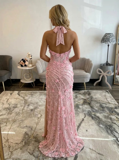 Trumpet/Mermaid Halter Sequins Prom Dresses With Split Side 3D Flowers Floor-Length Sleeveless Formal Dresses