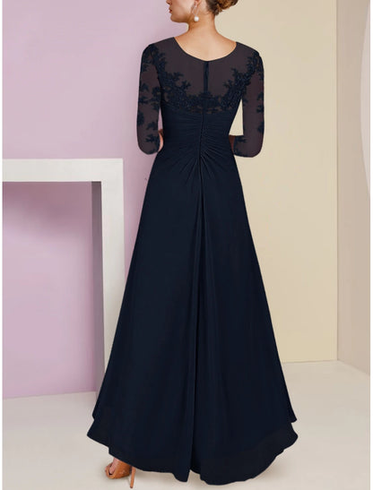 A-Line Mother of the Bride Dress Wedding Guest Elegant Scoop Neck Asymmetrical Ankle Length Chiffon 3/4 Length Sleeve with Lace Sequin Ruching dress