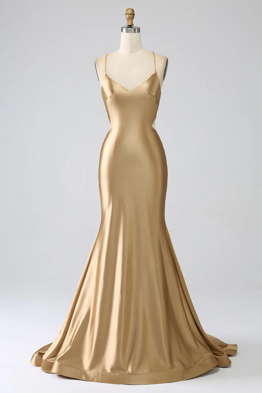 Golden Mermaid Spaghetti Straps Satin Long Prom Dress