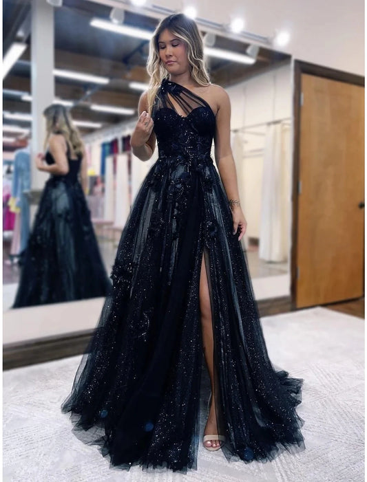 A-Line Black Prom Dresses Color Block Dress Formal Wedding Guest Sweep / Brush Train Sleeveless One Shoulder Tulle Backless with Pleats Appliques Masquerade Dress