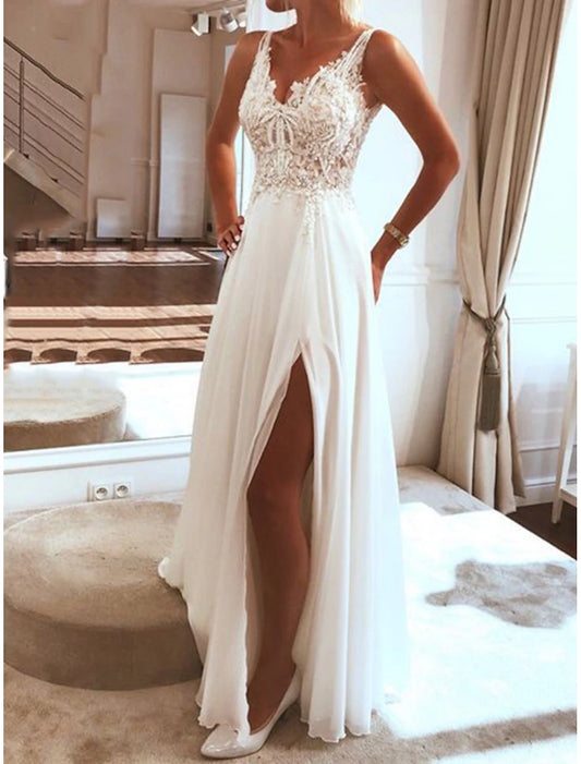 Beach Wedding Dresses A-Line V Neck Sleeveless Floor Length Chiffon Bridal Gowns With Appliques Split Front