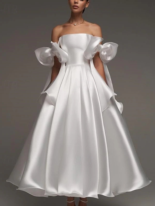 A-Line Cocktail Dresses Elegant Formal Wedding Ankle Length Sleeveless Spaghetti StrapDress Satin with Bow(s)