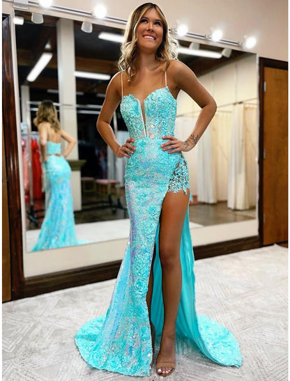 Mermaid Prom Dresses High Split Dress Formal Wedding Party Court Train Sleeveless V Neck Sequined with Slit Appliques