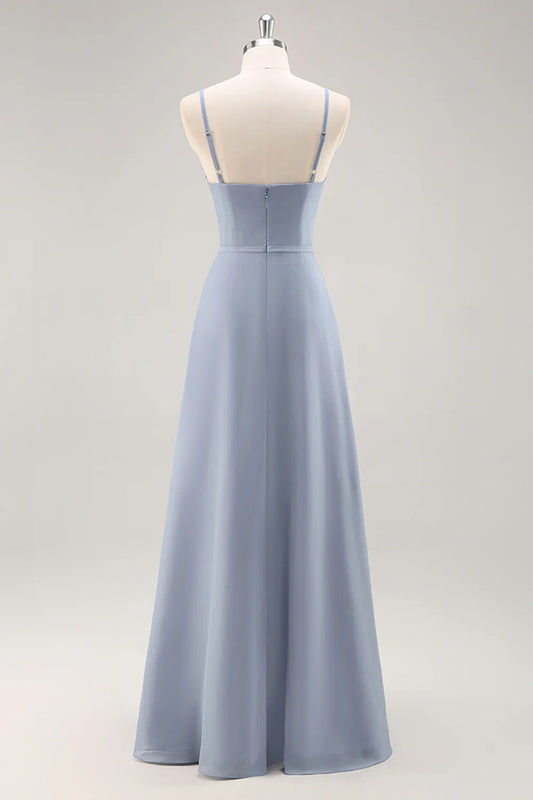 Dusty Blue Ruffled Chiffon A Line Long Bridesmaid Dress with Slit