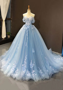 Off-the-shoulder Ruffle Tulle Sweep Train Dress Royal Blue main image 1