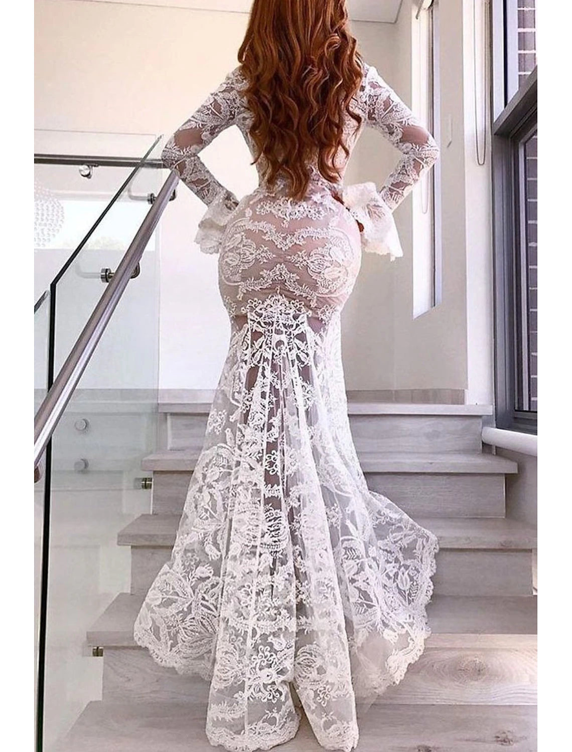 Beach Boho Simple Wedding Dress Mermaid V Neck Long Sleeve Sweep / Brush Train Lace Bridal Gowns With Appliques Split Front