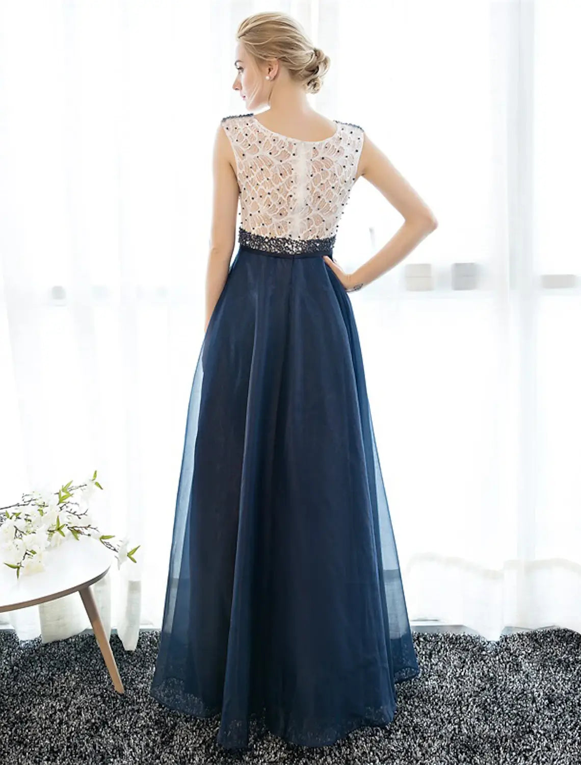 A-Line Elegant Dress Wedding Guest Prom Floor Length Sleeveless Illusion Neck Tulle Over Lace with Beading