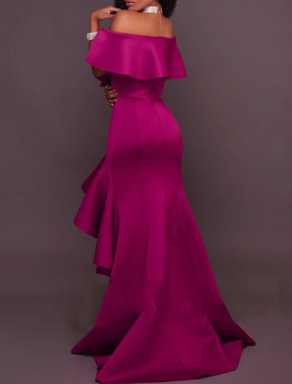 A-Line Wedding Guest Dress Hot Pink Elegant Dress Asymmetrical Ruffles Sleeveless Off Shoulder Stretch Satin with Slit dress