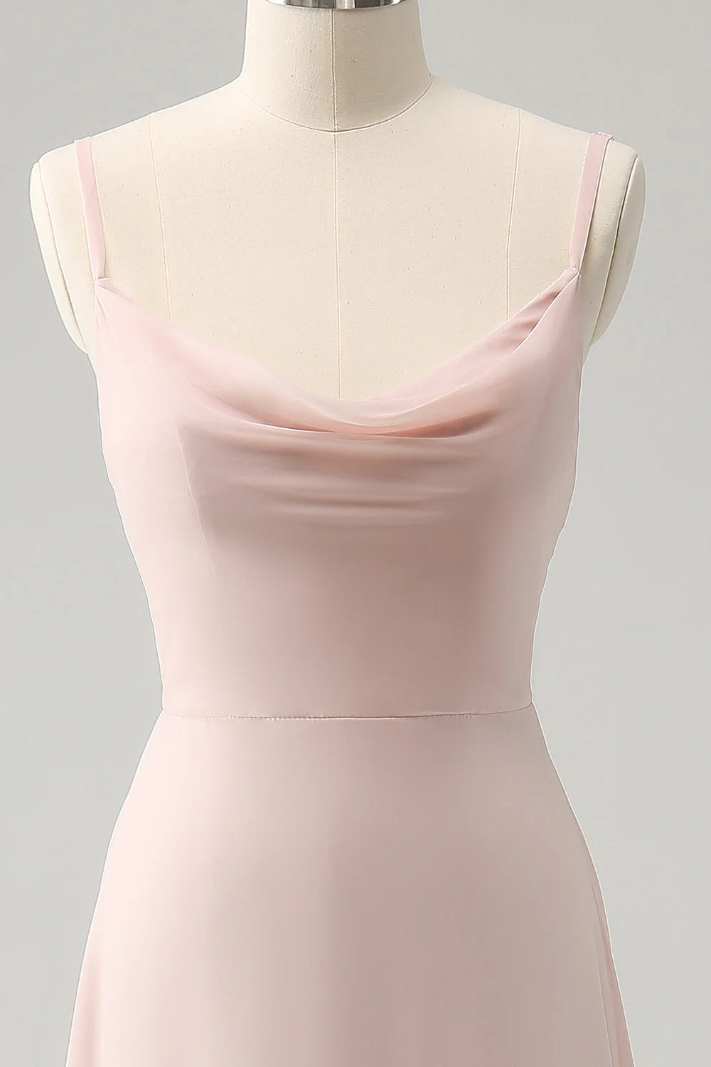 Pink Spaghetti Straps Cowl Neck Chiffon Bridesmaid Dress