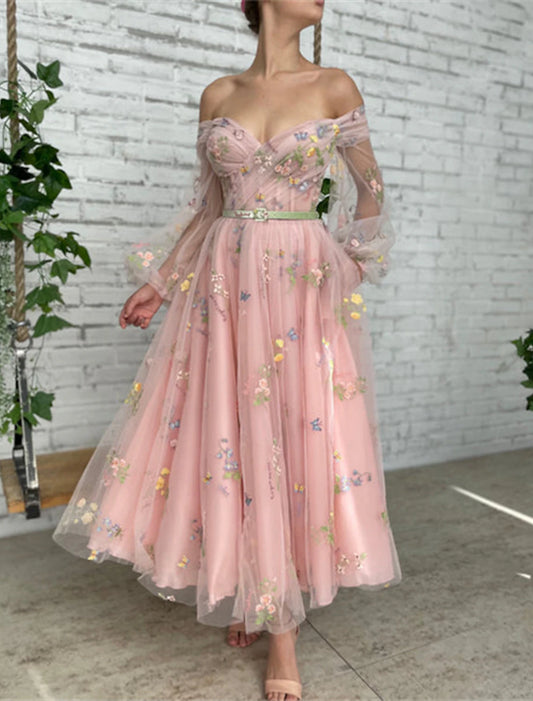 A-Line Prom Dresses Floral Dress Birthday Garden Party Ankle Length Long Sleeve Off Shoulder Fall Wedding Guest Lace with Embroidery Appliques dress to impress