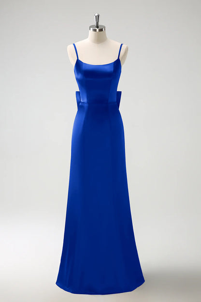 Royal Blue Mermaid Spaghetti Straps Ruffed Bow Back Satin Long Bridesmaid Dress