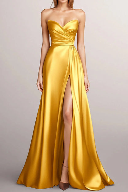 Yellow A-Line Strapless Wrap Ruched Satin Long Formal Dress with Slit