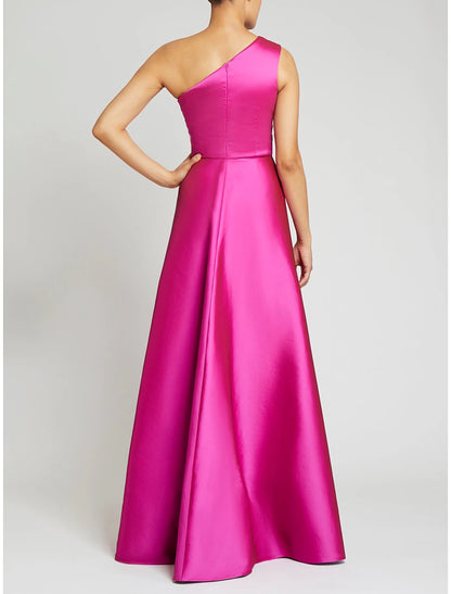 Sheath Red Green Dress Evening Gown Hot Pink Dress Wedding Guest Floor Length Sleeveless One Shoulder Satin with Overskirt Pure Color dress