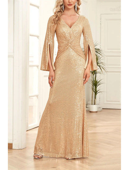 Mermaid / Trumpet Mother of the Bride Dress Wedding Guest Party Sparkle & Shine Scoop Neck V Neck Floor Length Sequined 3/4 Length Sleeve with Ruching Solid Color dress