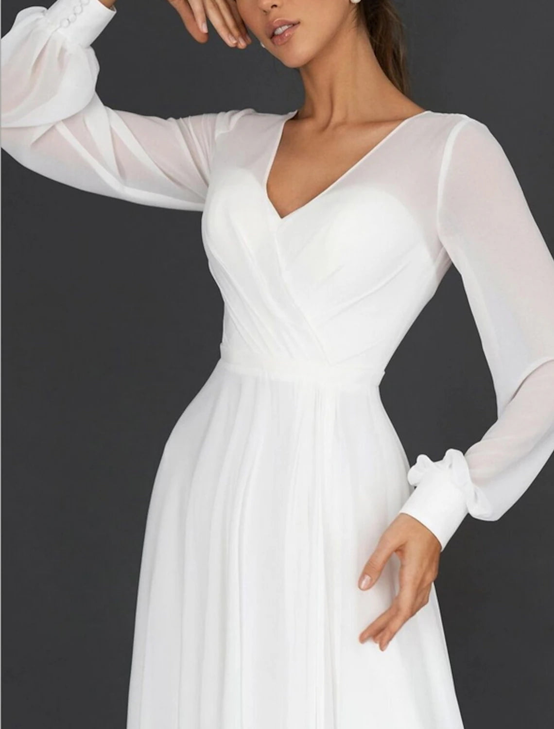 Reception Little White Dress Bridal Shower Dresses Wedding Dresses A-Line V Neck Long Sleeve Tea Length Chiffon Bridal Gowns With Pleats