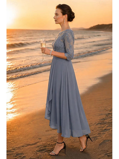 A-Line Asymmetrical Ankle Length Party Dress Cocktail Dress Wedding Guest Dress Mother of the Bride Dress Half Sleeve V Neck Elegant Plus Size High Low Wedding Guest Wedding Party Chiffon Lace
