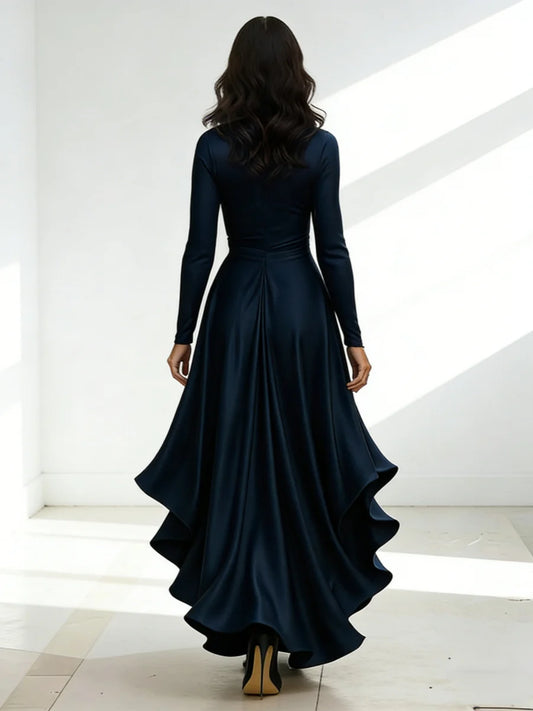 A-Line/Princess V-Neck Acetate Satin Mother of the Bride Dresses Long Sleeves Asymmetrical Ankle-Length with Ruffles