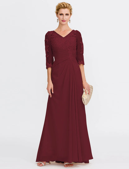 Beach Wedding A-Line Mother of the Bride Dress Wedding Guest Elegant Plus Size See Through V Neck Floor Length Chiffon Half Sleeve with Appliques