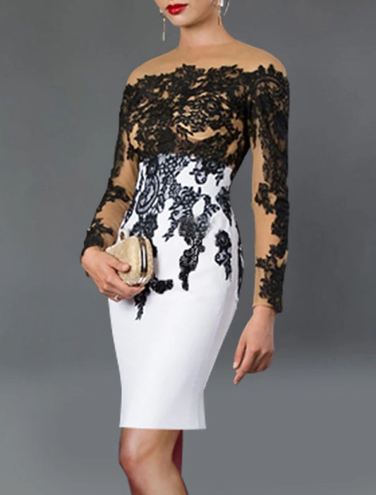 Sheath Cocktail Dresses Elegant Dress Kentucky Derby Tea Length Long Sleeve Off Shoulder Stretch Fabric with Appliques