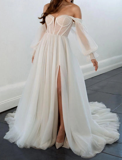 Hall Vintage Wedding Dresses A-Line Off Shoulder Long Sleeve Court Train Chiffon Bridal Gowns With Ruched