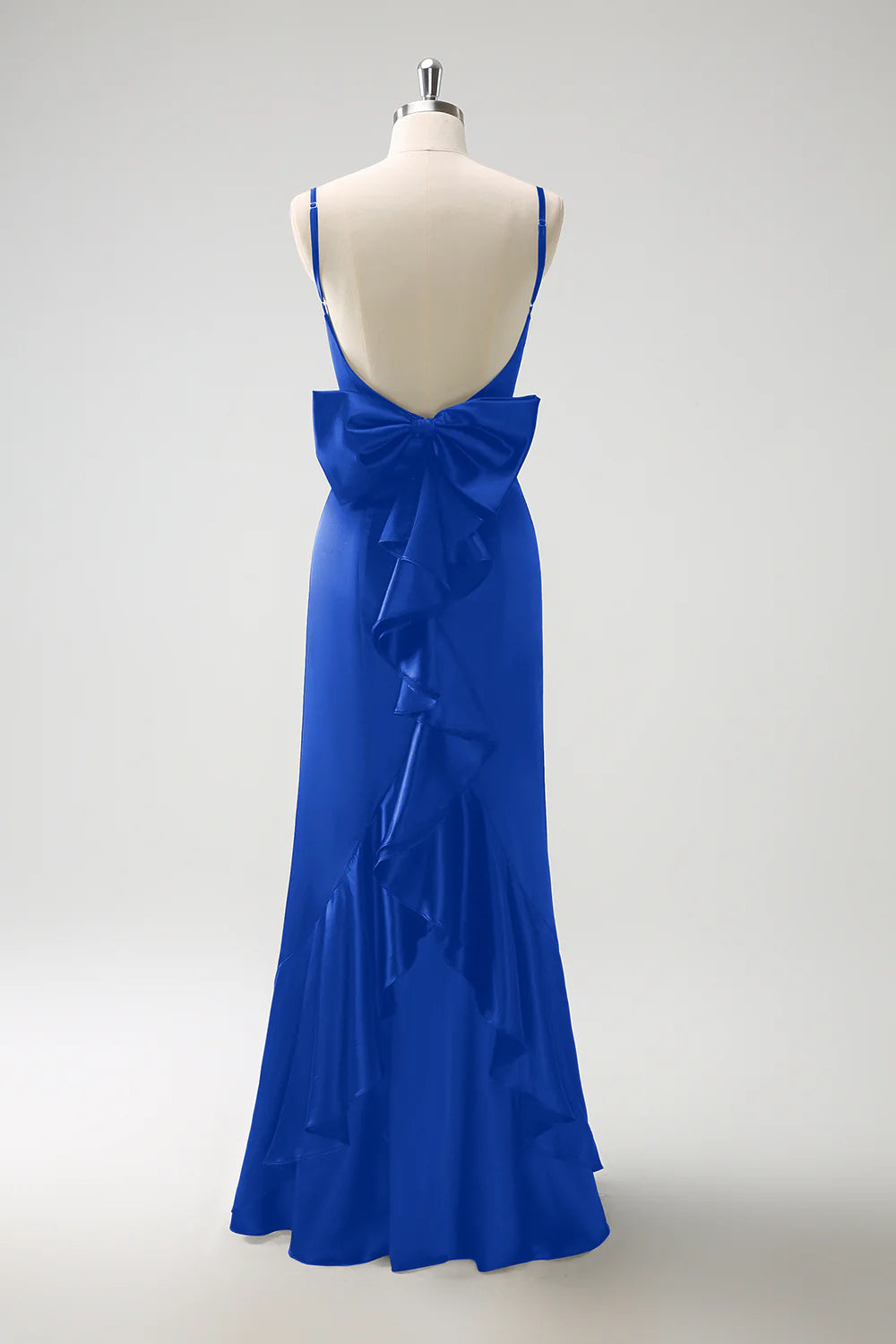 Royal Blue Mermaid Spaghetti Straps Ruffed Bow Back Satin Long Bridesmaid Dress