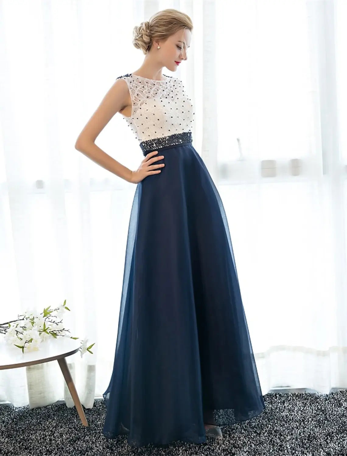 A-Line Elegant Dress Wedding Guest Prom Floor Length Sleeveless Illusion Neck Tulle Over Lace with Beading