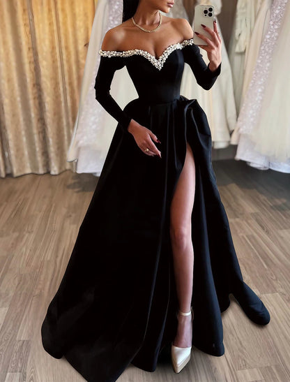 A-Line Evening Gown Black Dress Dress Formal Masquerade Sweep / Brush Train Long Sleeve Off Shoulder Satin with Pearls Slit dress