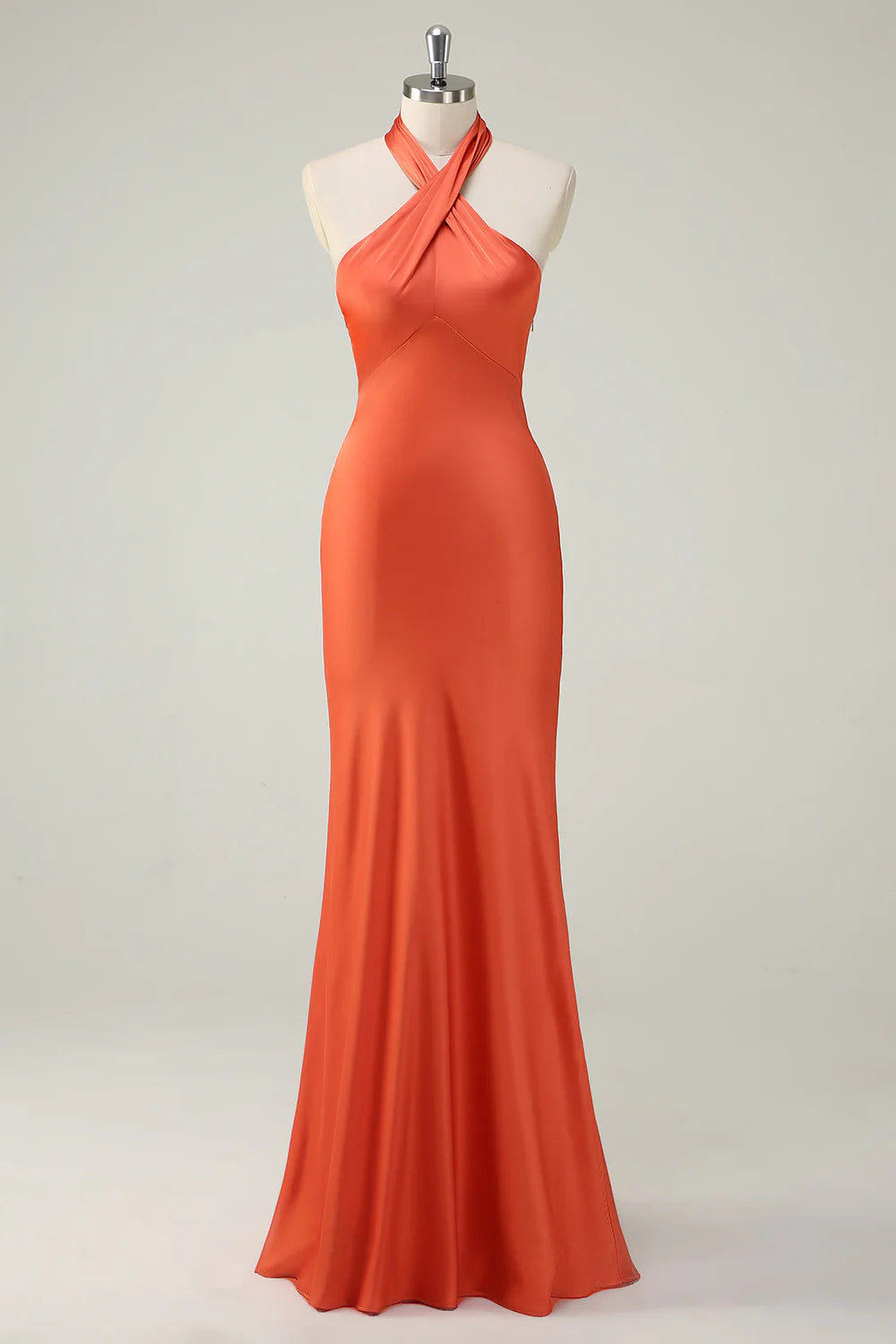 Orange Mermaid Halter Satin Long Bridesmaid Dress