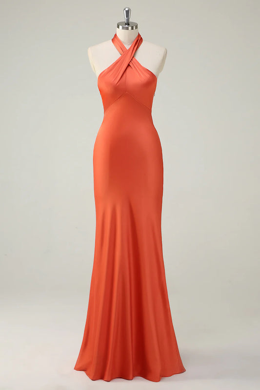 Orange Mermaid Halter Satin Long Bridesmaid Dress