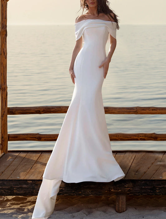 Beach Simple Wedding Dresses Mermaid / Trumpet Off Shoulder Cap Sleeve Court Train Satin Bridal Gowns With Ruched dress