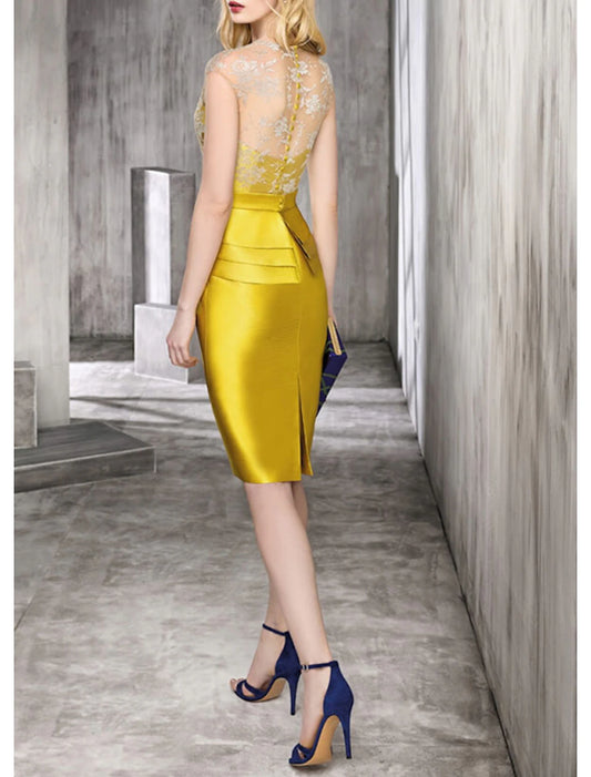 Sheath Cocktail Dresses Party Dress Wedding Guest Cocktail Party Knee Length Sleeveless Scalloped Neckline Satin with Ruffles Lace Insert