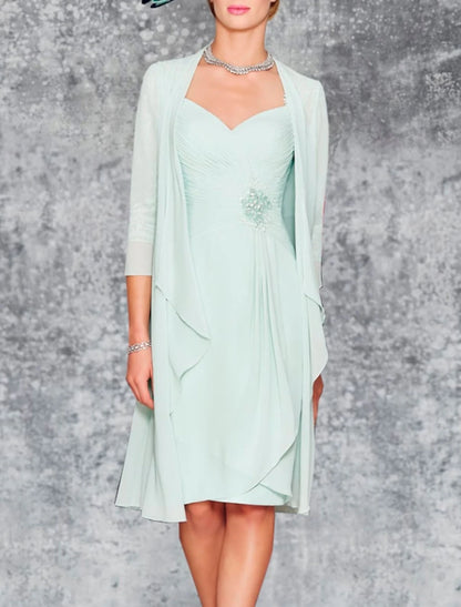 Beach Wedding Two Piece Sheath Mother of the Bride Dress Wedding Guest Elegant Plus Size Sweetheart Knee Length Chiffon Lace 3/4 Length Sleeve Wrap Included Jacket Dresses with Pleats Embroidery