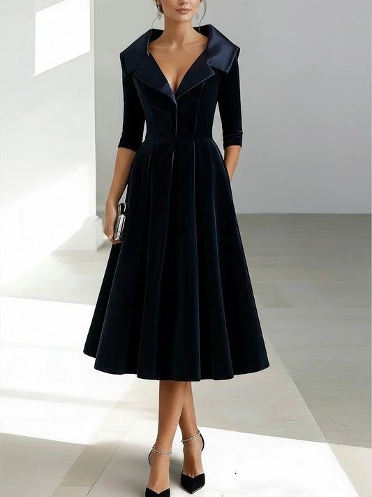A-Line/Princess Shirt Collar Velvet Mother of the Bride Dresses Half Sleeves Tea-Length Ruffles