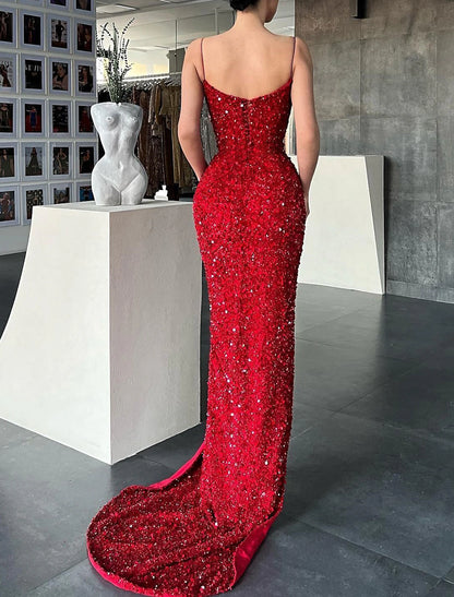 Mermaid Prom Dresses Sequin Dress Christmas Wedding Guest Sweep / Brush Train Sleeveless V Neck Sequined with Slit Masquerade Dress