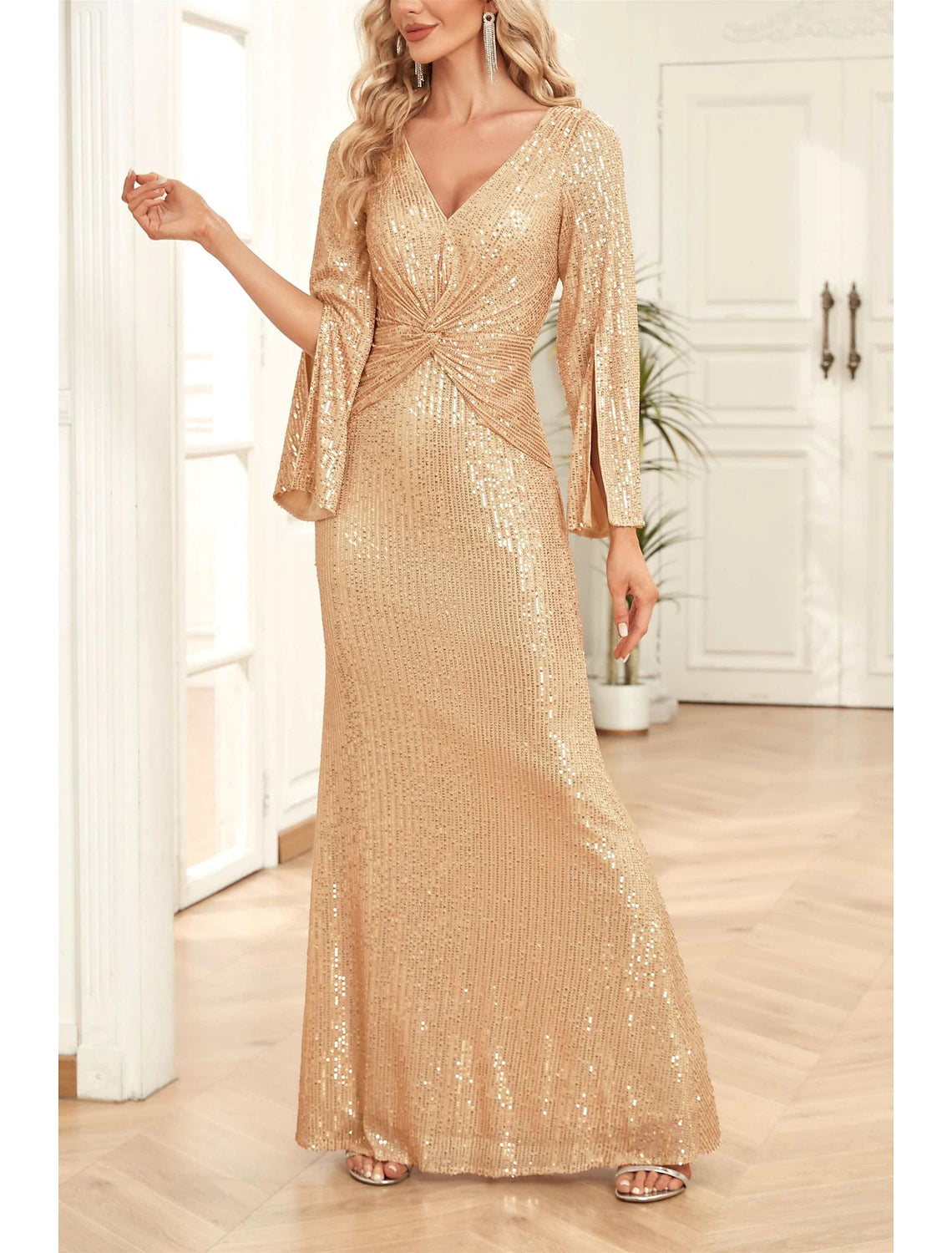 Mermaid / Trumpet Mother of the Bride Dress Wedding Guest Party Sparkle & Shine Scoop Neck V Neck Floor Length Sequined 3/4 Length Sleeve with Ruching Solid Color dress